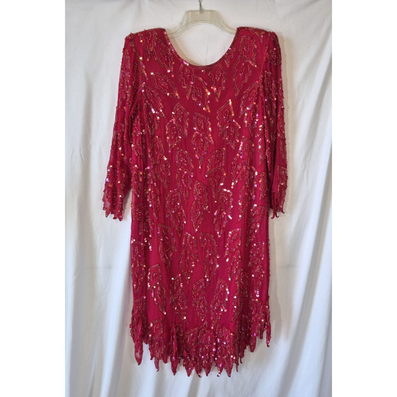Vintage Carina Red 100% Pure Silk Sequin Dress XL Fringe Flapper Party Evening - Picture 6 of 7